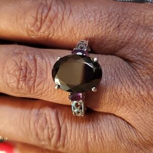 Shungite and Amethyst Solitaire Ring in Platinum Over Sterling Silver